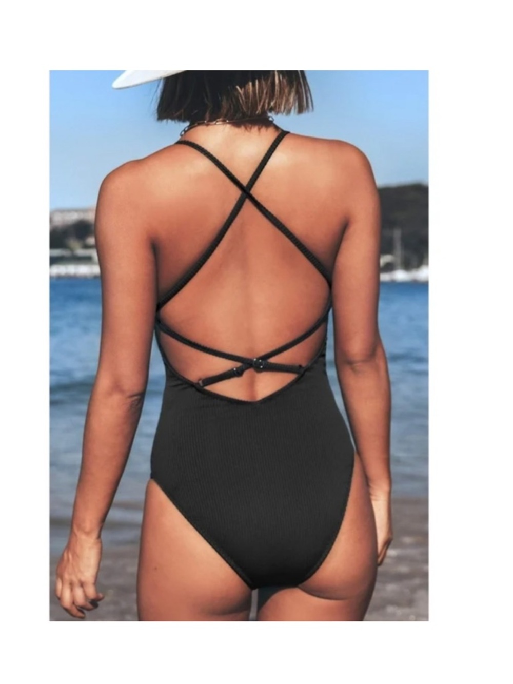 CUPSHE Black Ribbed Lace-Up Strappy Plunging One Piece Swimsuit Bathing Suit NWT - Picture 2 of 3